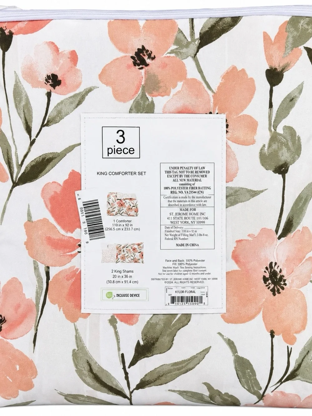 Denise King Floral 3 Piece Comforter Set Coral Peach Green New